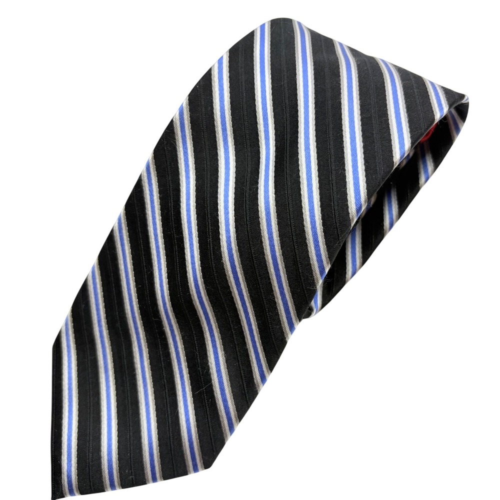 Chaps RL Mens Silk‎ Necktie Black Blue  White Striped Office Academia Career